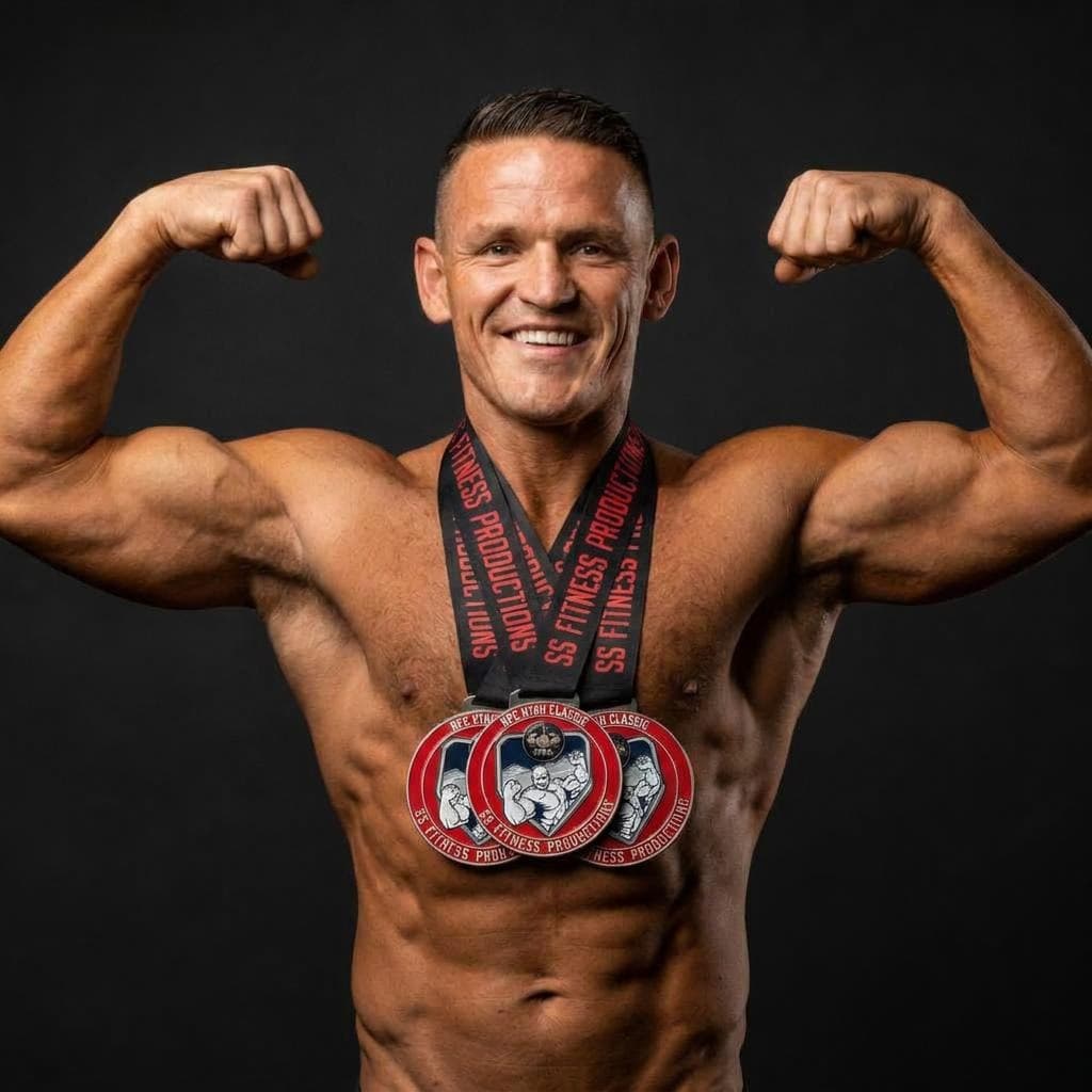 Real NPC competition medals, double-bicep pose