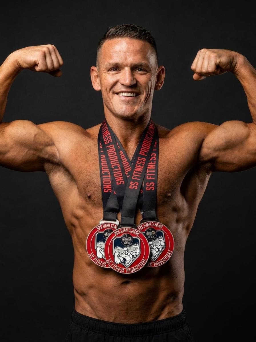 Built By Champion — real NPC Utah Classic medals, double-bicep pose